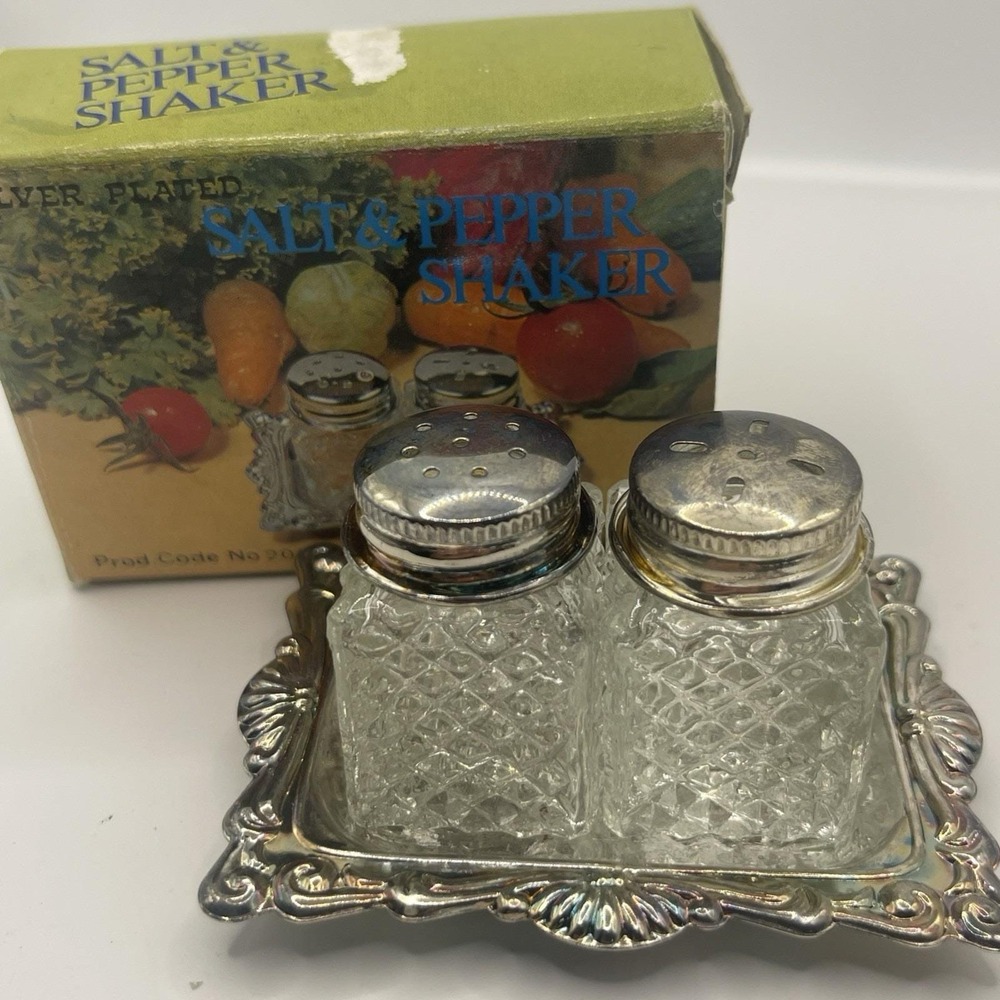 Vintage Silver Plated Salt & Pepper Shakers Tray Fairy Brand SH-067 Hong Kong